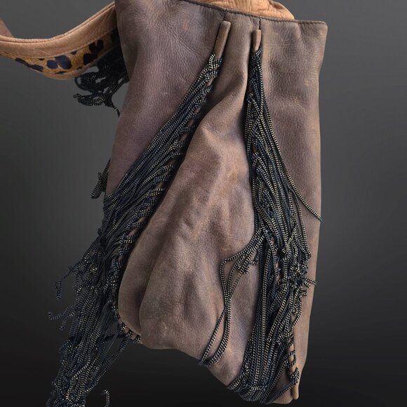 House Of Harlow 1960 Boho Brown Leather Leopard Calf Hair Bag Chain Fringe 2012 - Picture 9 of 11
